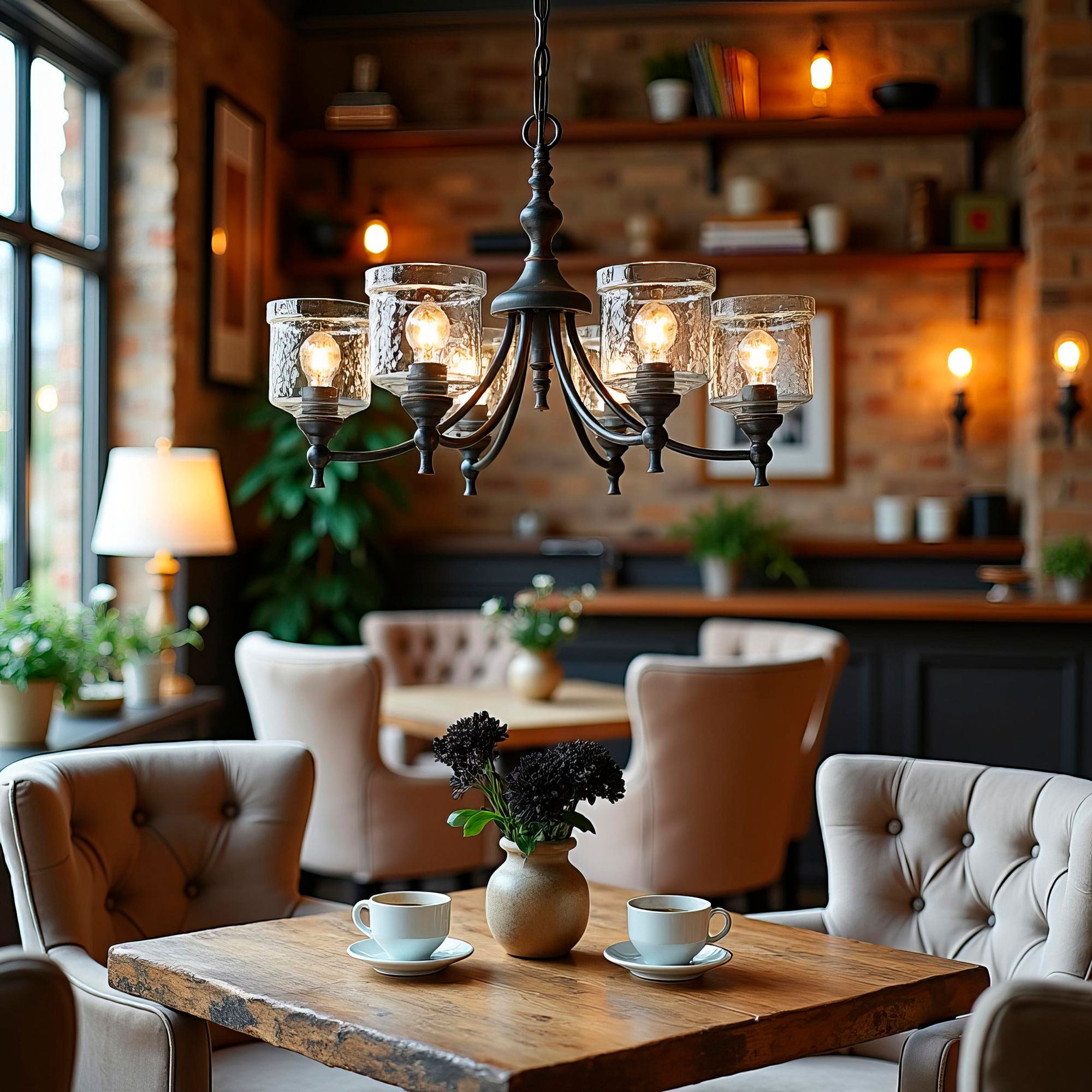 Keating 6 Light Chandelier Antique Black Iron w Hammered Water Glass Shade