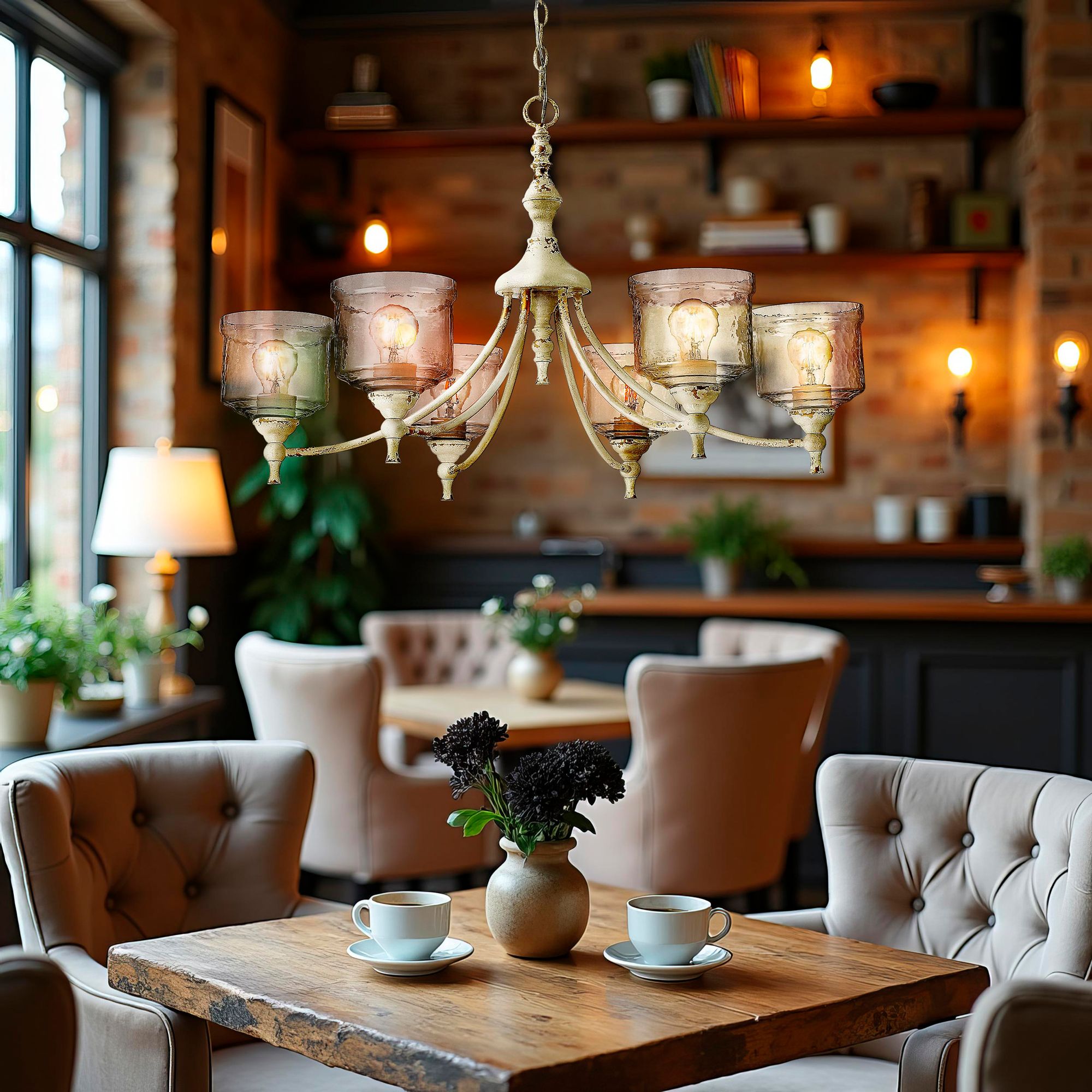 Keating 6 Light Chandelier in Antique Ivory with Hammered Water Glass Shade