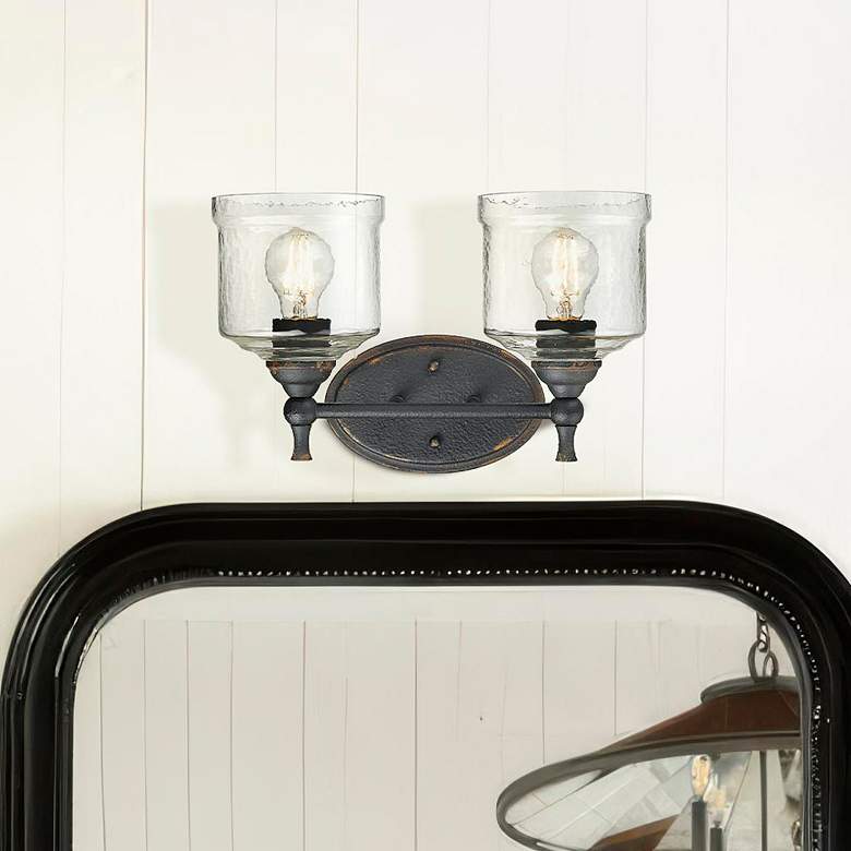 Image 1 Keating 9 3/4"H Black Iron 2-Light Sconce w/ Hammered Glass