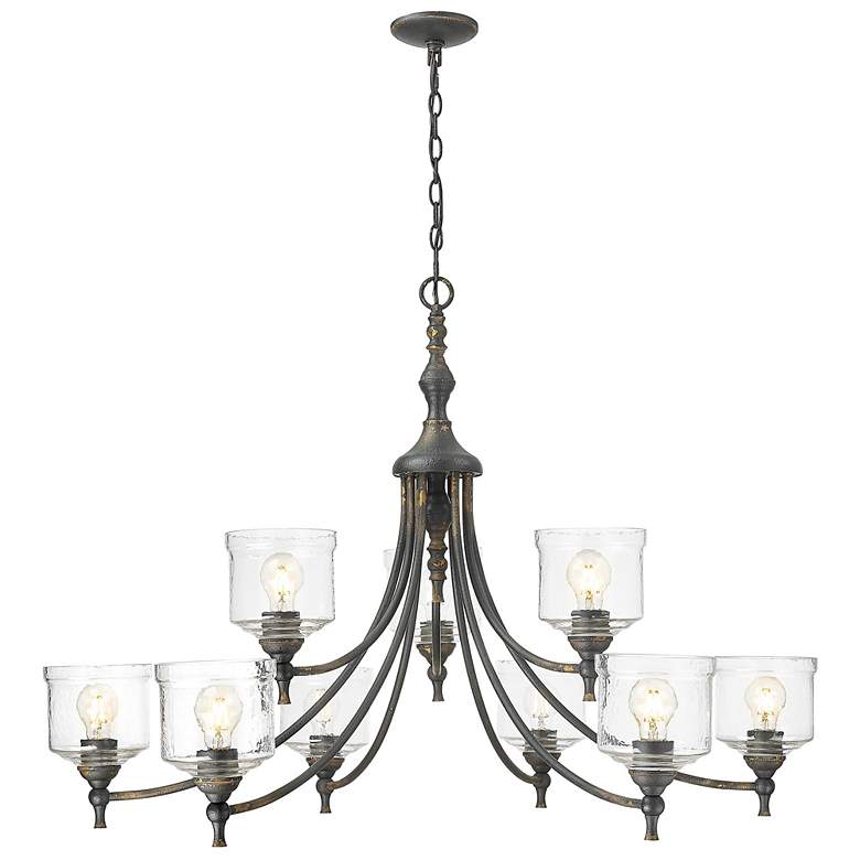 Image 2 Keating 9 Light Chandelier Antique Black Iron w Hammered Water Glass Shade