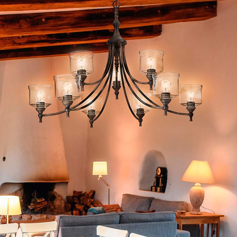 Image 1 Keating 9 Light Chandelier Antique Black Iron w Hammered Water Glass Shade