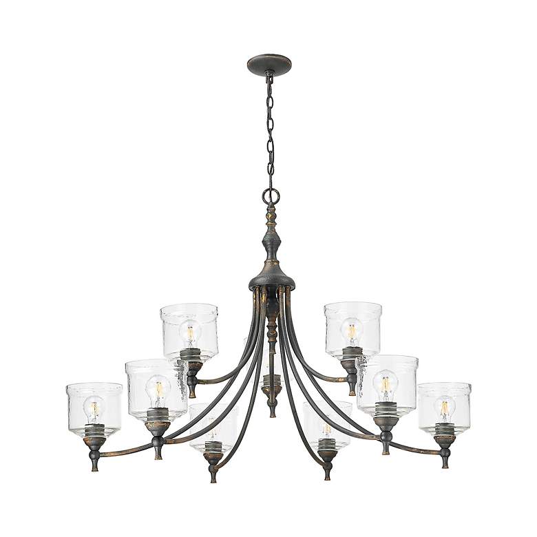 Image 3 Keating 9 Light Chandelier Antique Black Iron w Hammered Water Glass Shade more views