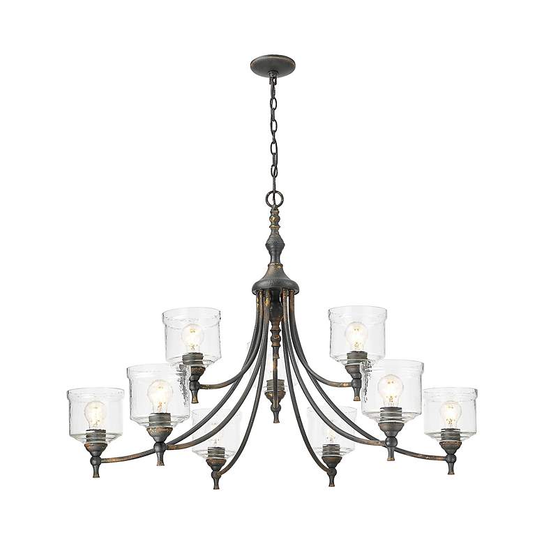 Image 4 Keating 9 Light Chandelier Antique Black Iron w Hammered Water Glass Shade more views