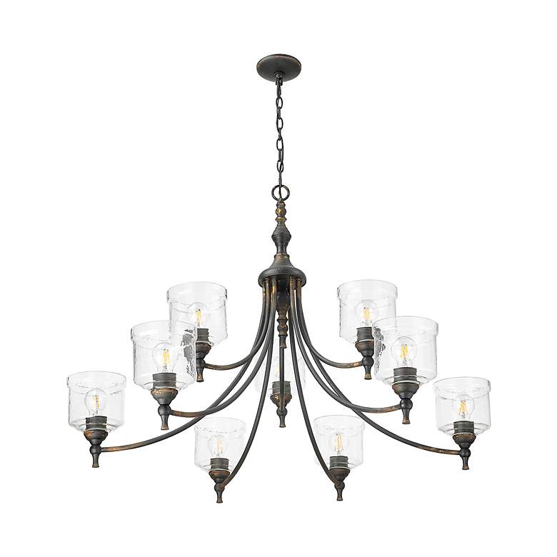Image 5 Keating 9 Light Chandelier Antique Black Iron w Hammered Water Glass Shade more views