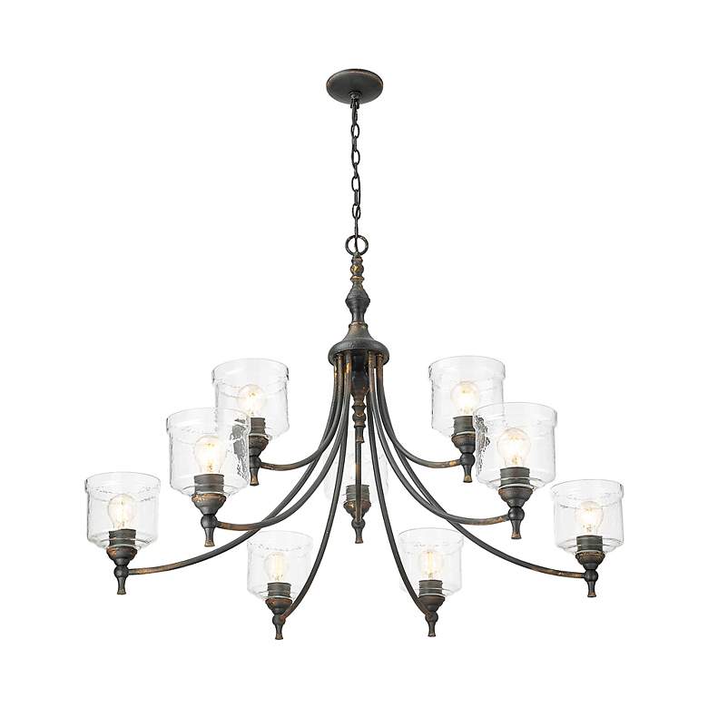 Image 6 Keating 9 Light Chandelier Antique Black Iron w Hammered Water Glass Shade more views