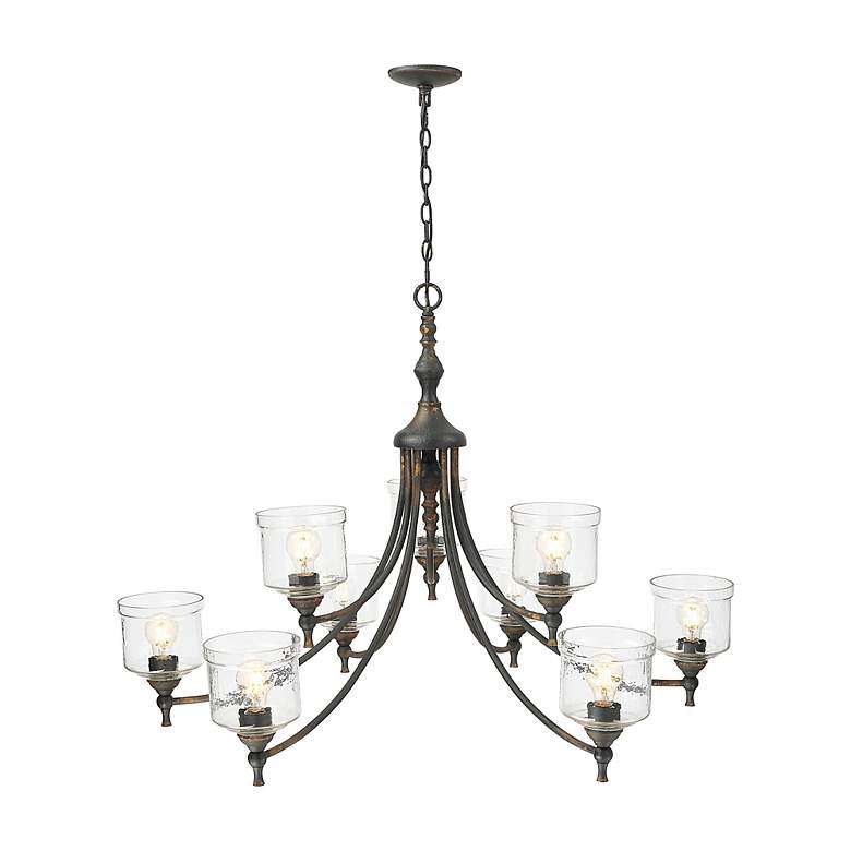 Image 7 Keating 9 Light Chandelier Antique Black Iron w Hammered Water Glass Shade more views