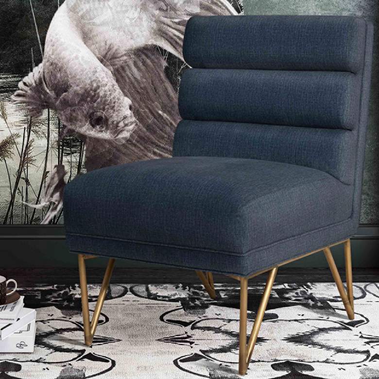 Image 1 Kelly Slub Blue Velvet Channel Tufted Accent Chair