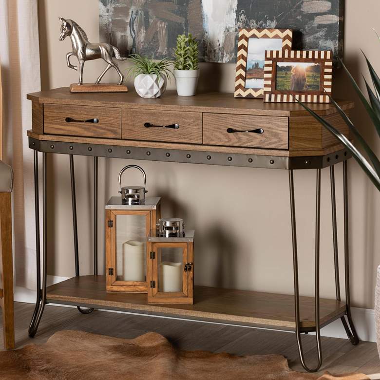 Image 1 Kellyn 43 inch Wide Oak Brown Wood 3-Drawer Console Table�