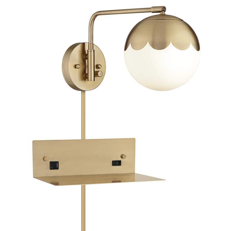 Image 1 Kelowna Brass and Glass Swing Arm Plug-In Wall Lamp with USB-Outlet Shelf