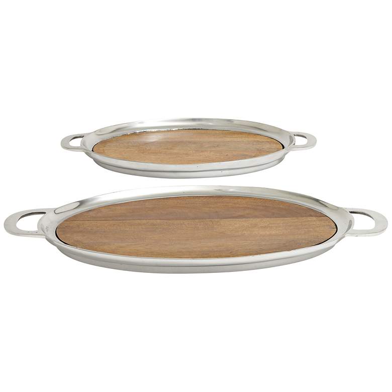 Image 1 Kelsey Aluminum and Natural Wood 2-Piece Oval Trays Set