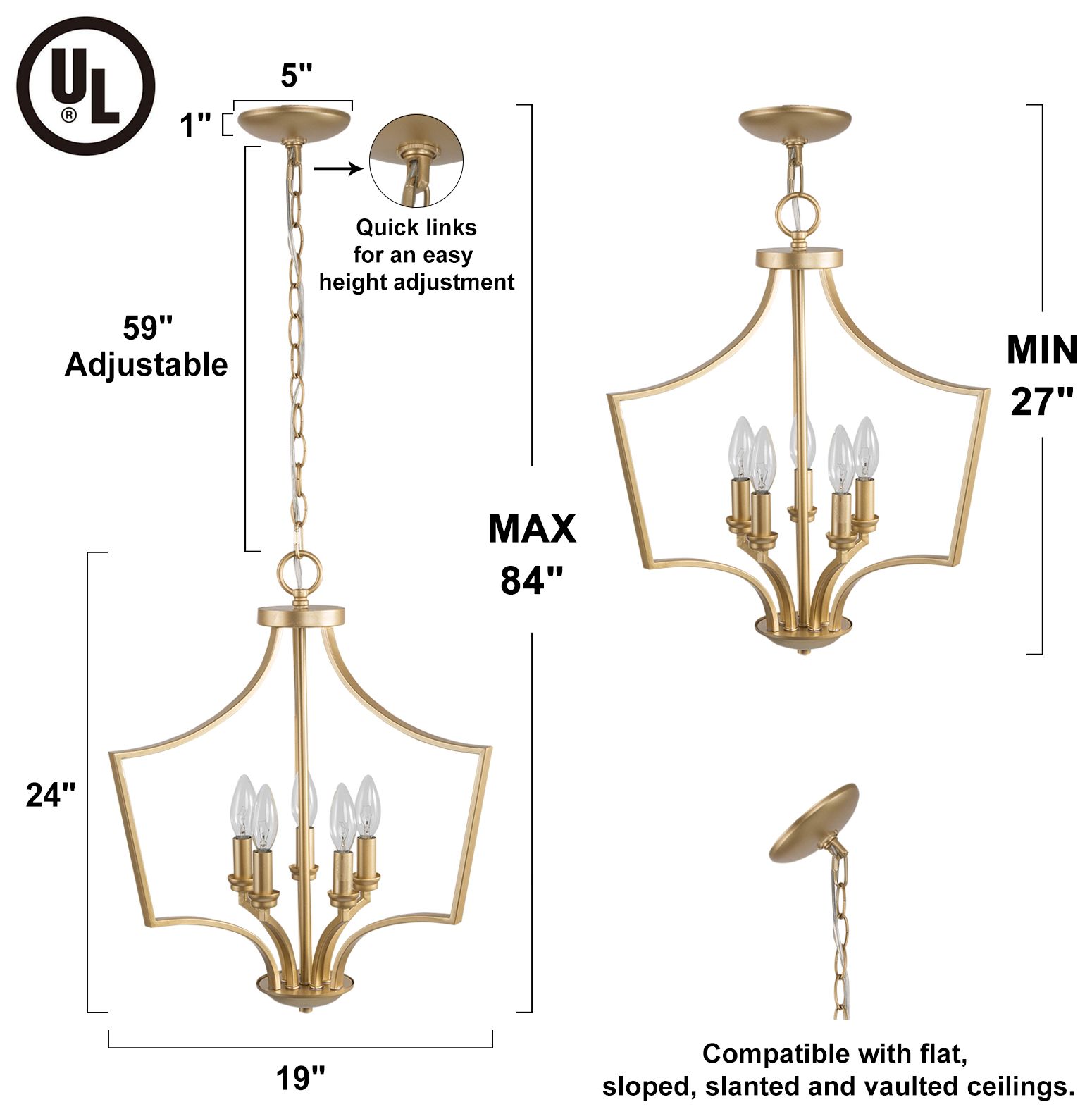 Kendall 19" Wide Gold 5-Light Chandelier