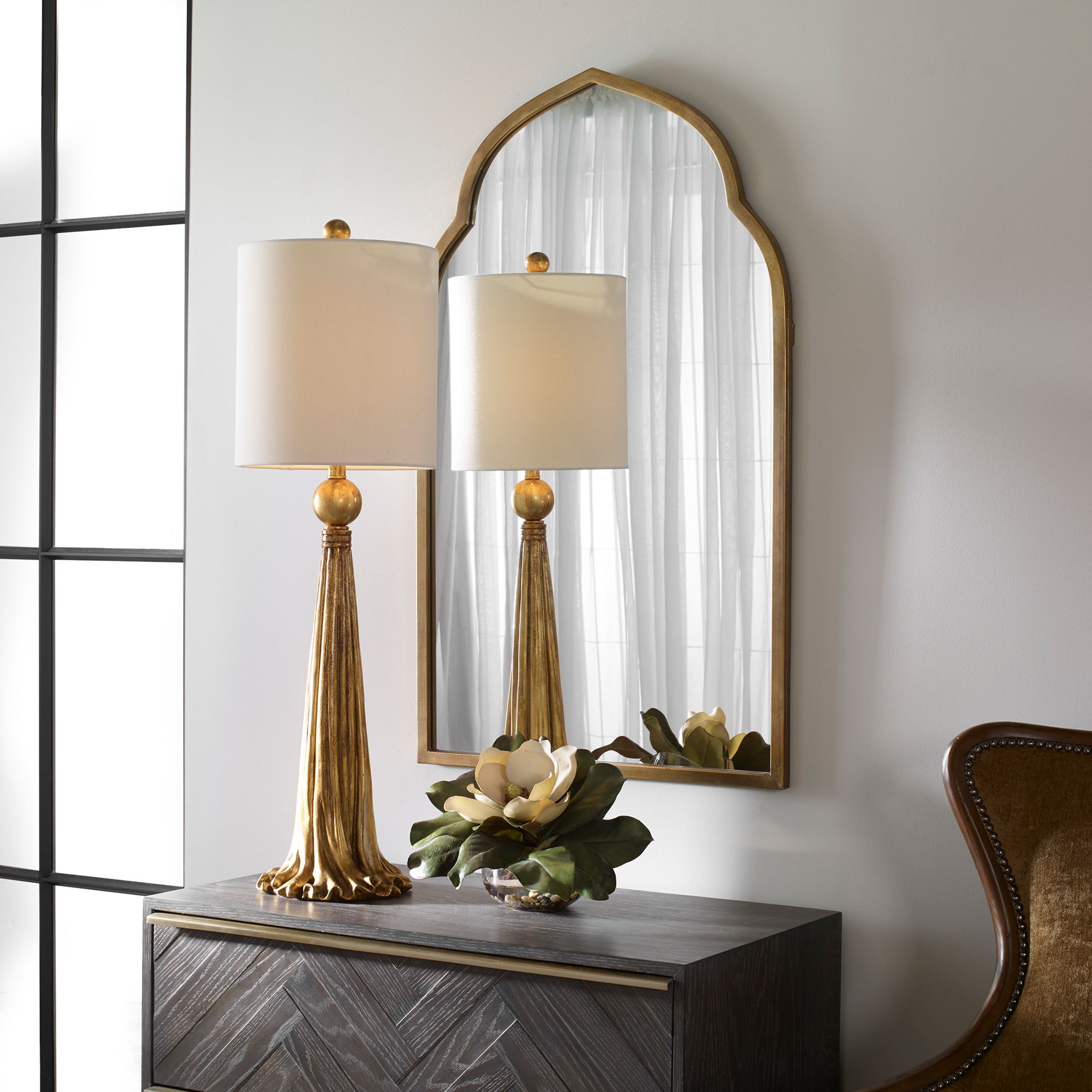 Kenitra 40" x 24" Moroccan Arch Top Gold Wall Mirror in scene