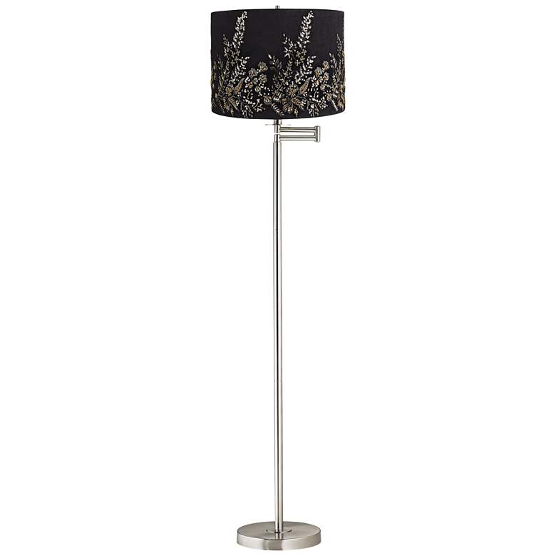 Image 1 Kenley Nickel Swing Arm Floor Lamp with Black Floral Shade