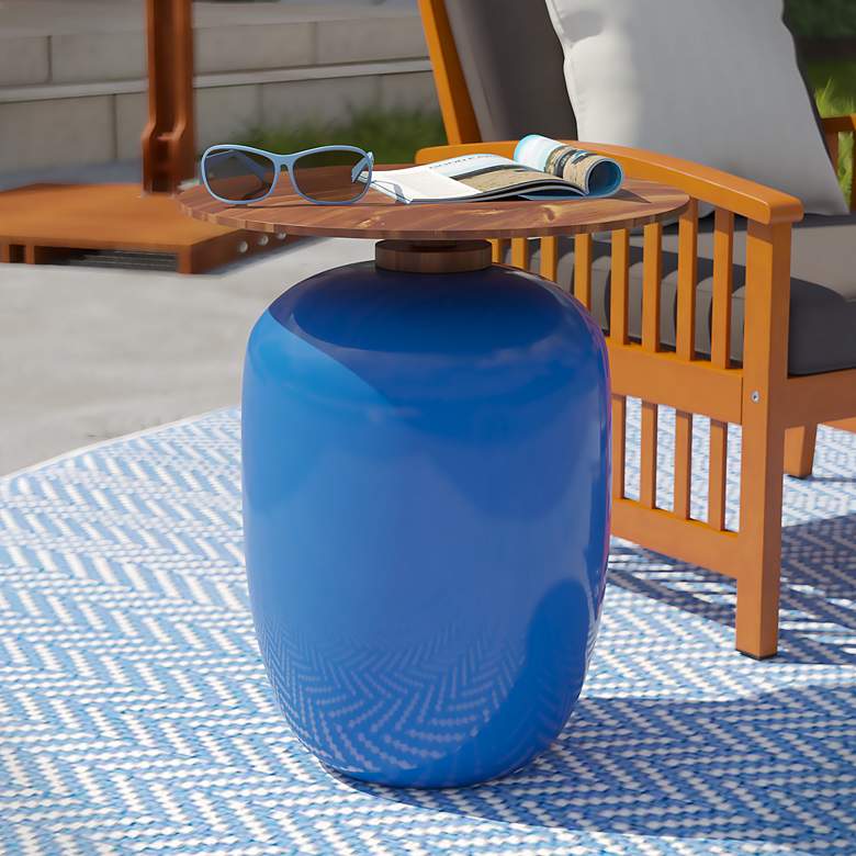 Image 1 Kenova 17 3/4 inch Wide Blue Ceramic Round Outdoor Accent Table
