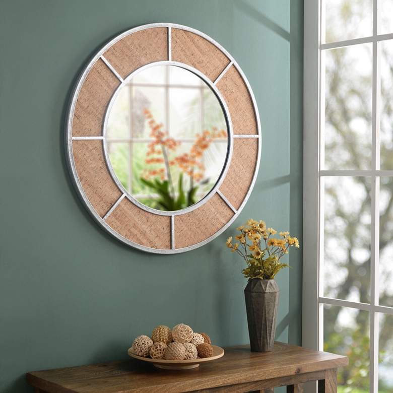 Image 1 Kenroy Home Compass Galvanized w/ Cork 30" Round Wall Mirror