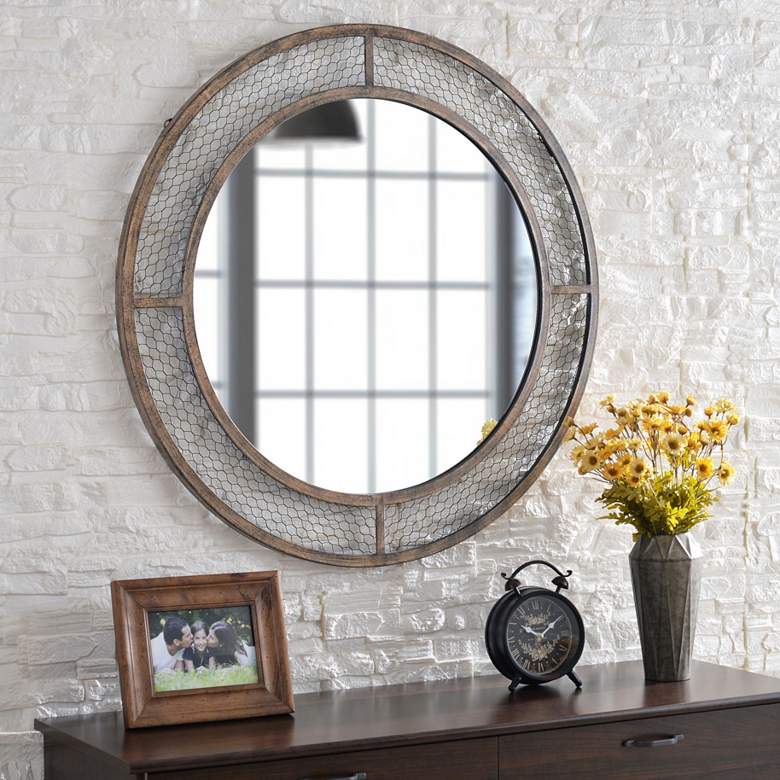 Image 1 Kenroy Home Grover Weathered Brown 34 inch Round Wall Mirror