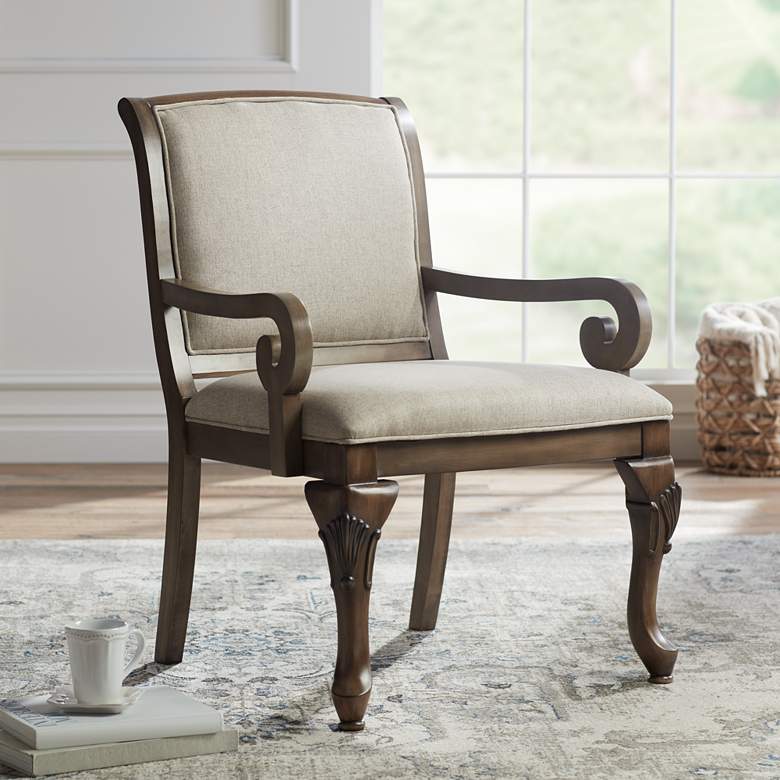 Image 1 Kensington Hill Diana Beige Upholstered Wood Arm Traditional Accent Chair