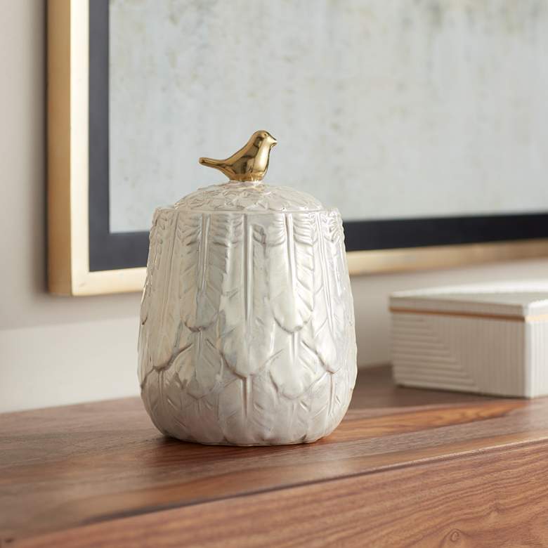 Image 1 Kensington Hill Spar 7 1/2" Pearl White Decorative Jar with Gold Bird