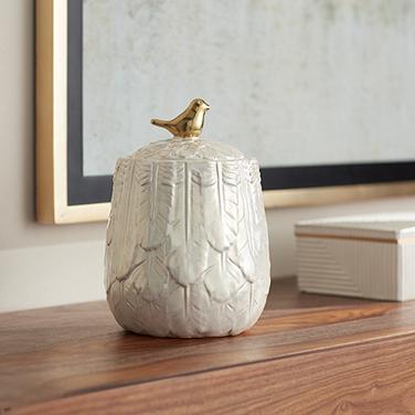 Kensington Hill Spar 7 1/2" Pearl White Decorative Jar with Gold Bird