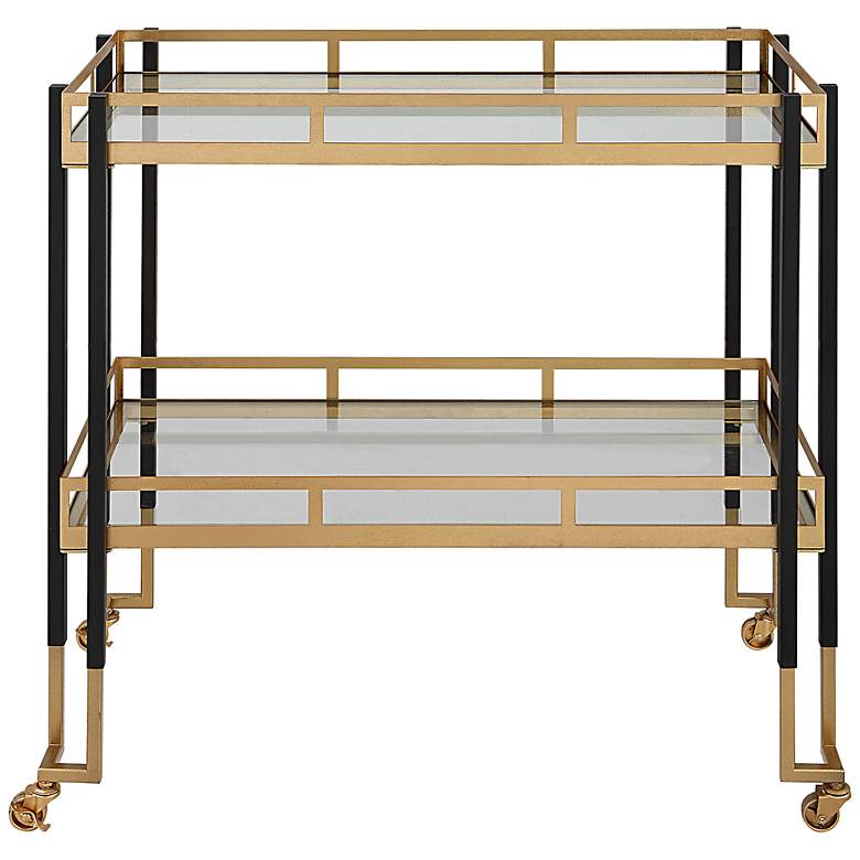Image 3 Kentmore 33"W Matte Black Gold Leaf 2-Shelf Rolling Bar Cart