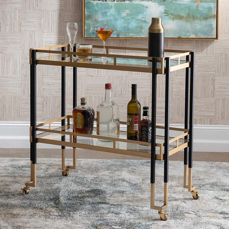 Image 2 Kentmore 33 inchW Matte Black Gold Leaf 2-Shelf Rolling Bar Cart