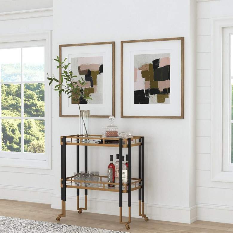 Image 4 Kentmore 33"W Matte Black Gold Leaf 2-Shelf Rolling Bar Cart more views