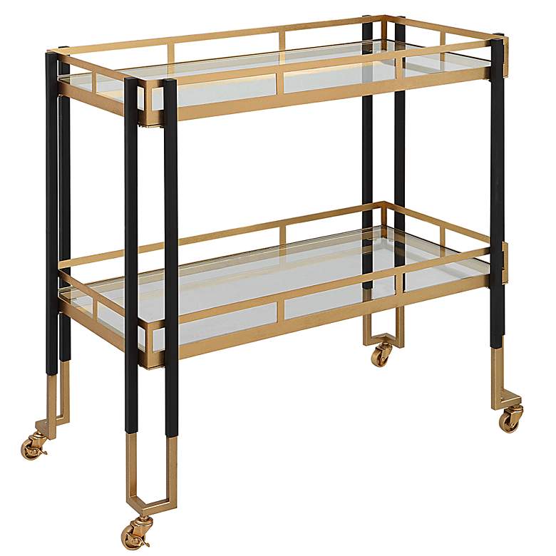 Image 5 Kentmore 33"W Matte Black Gold Leaf 2-Shelf Rolling Bar Cart more views