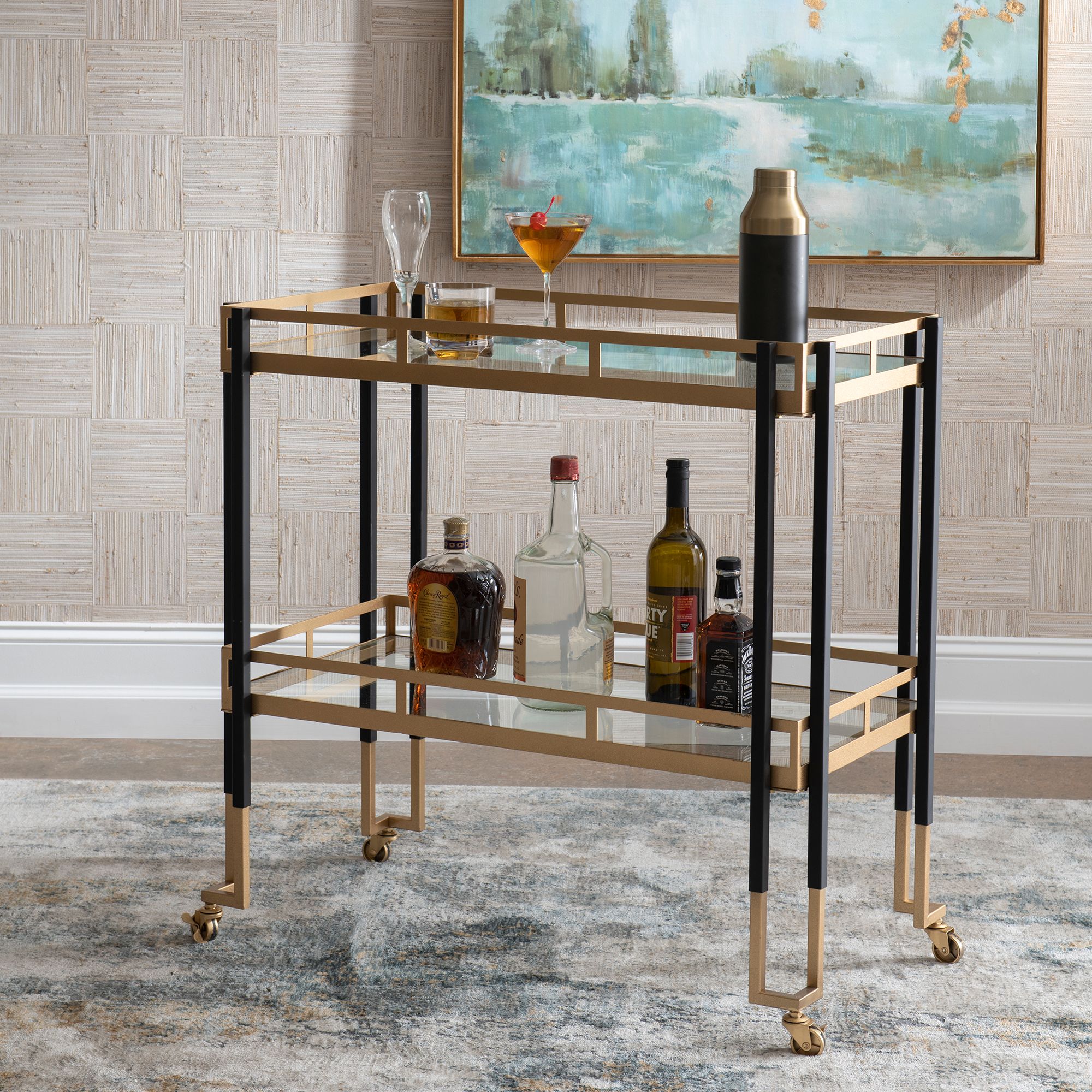 Kentmore 33"W Matte Black Gold Leaf 2-Shelf Rolling Bar Cart in scene