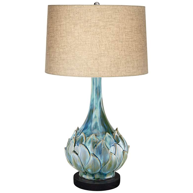 Kenya Blue Green Ceramic Table Lamp w/ Round Black Marble Riser