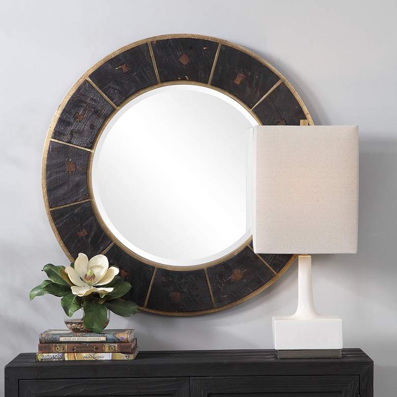 Image 1 Kerensa Gold Leaf and Dark Wooden 36 1/4 inch Round Wall Mirror