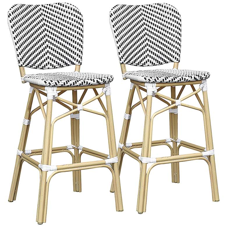 Image 2 Kern 29 3/4 inch Black White Wicker Patio Bar Chairs Set of 2