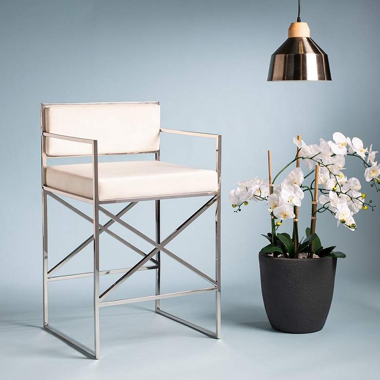 Image 1 Kian 26" White and Silver Velvet Directors Counter Stool