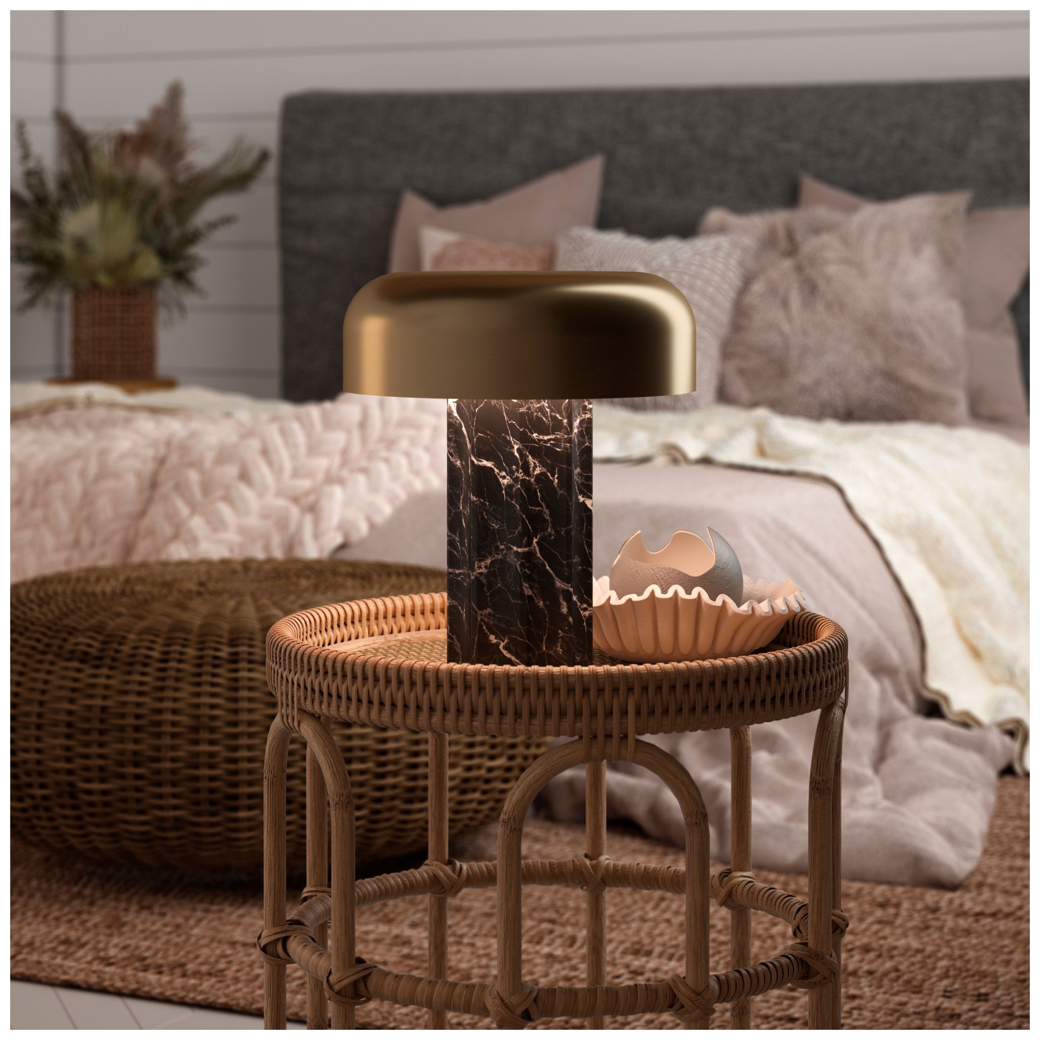 Image 3 Kibun Cordless Table Lamp Fluted Column Black Marble Brushed Brass more views