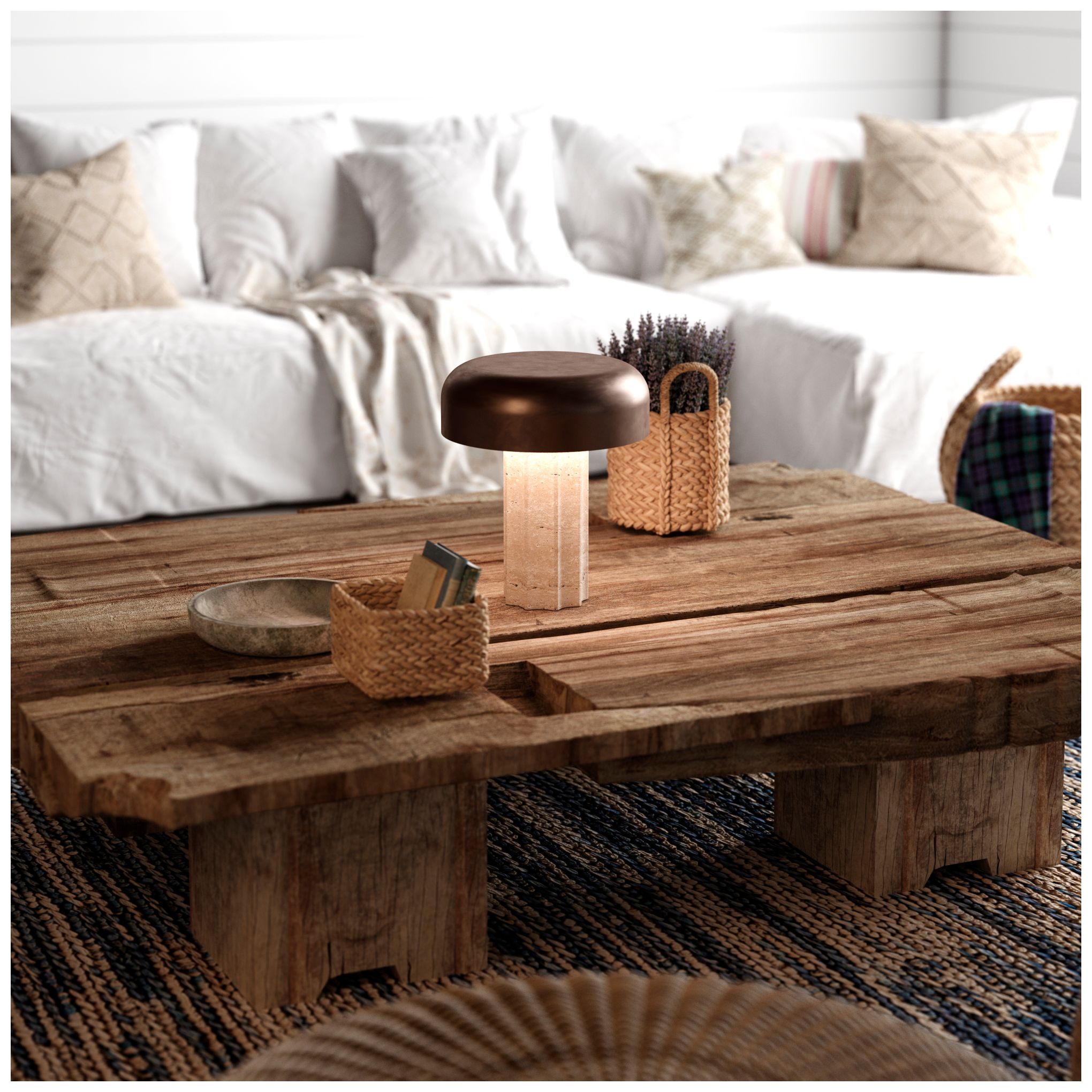 Image 2 Kibun Cordless Table Lamp Fluted Column Travertine Chocolate Bronze more views