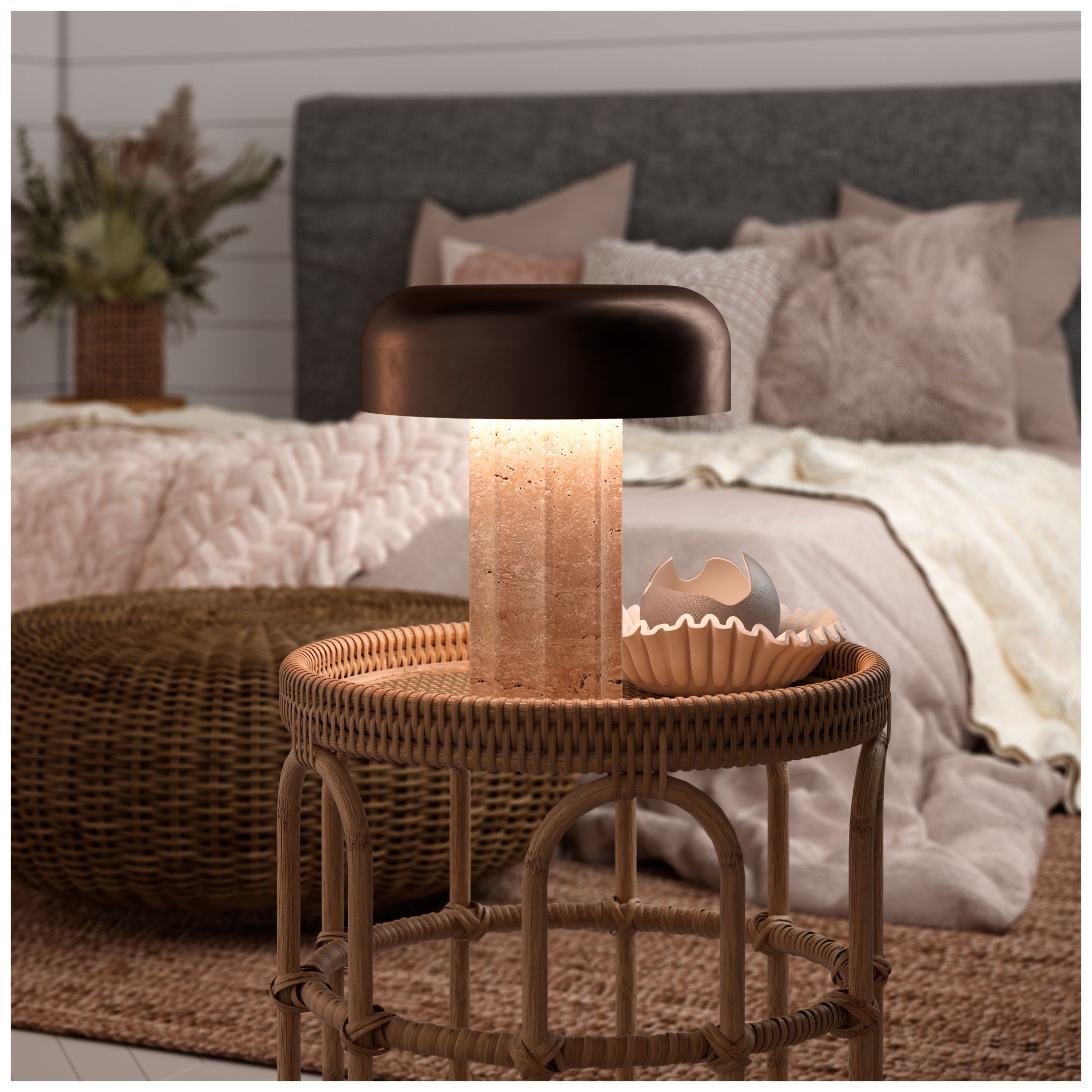 Image 3 Kibun Cordless Table Lamp Fluted Column Travertine Chocolate Bronze more views