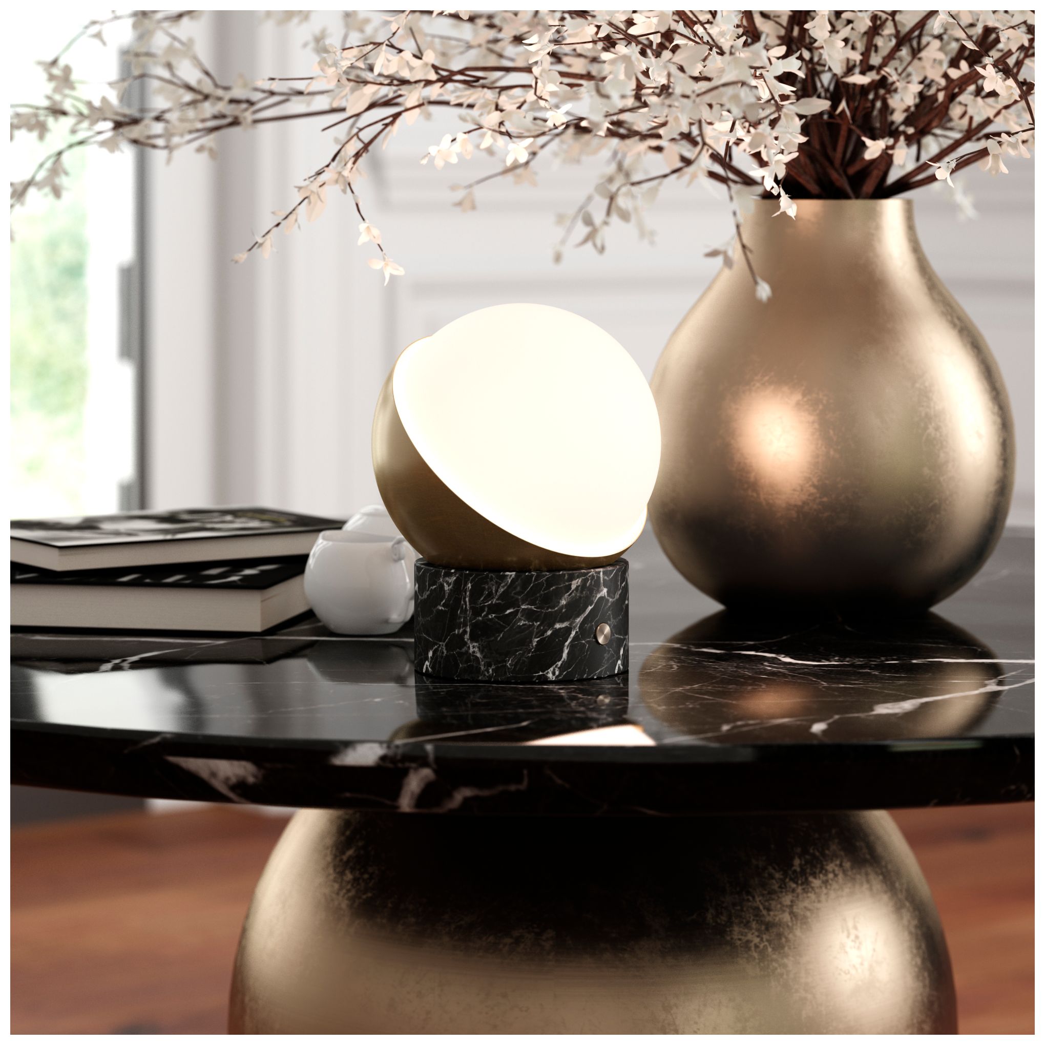 Image 3 Kibun Cordless Table Lamp Orb Black Marble Brushed Brass more views