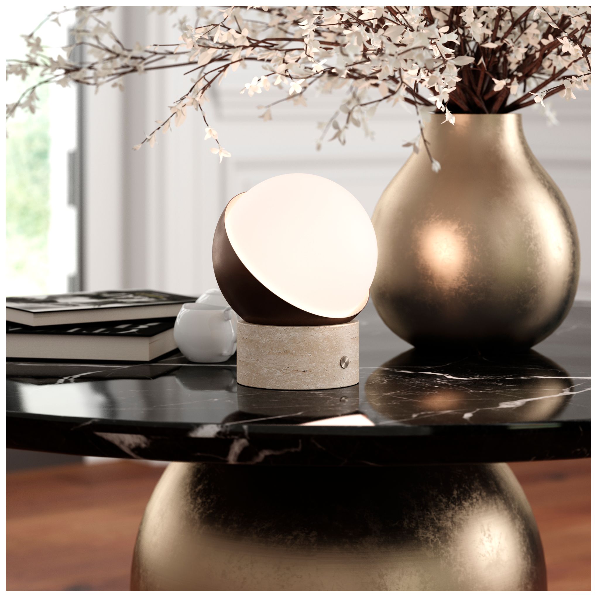 Image 3 Kibun Cordless Table Lamp Orb Travertine Chocolate Bronze more views