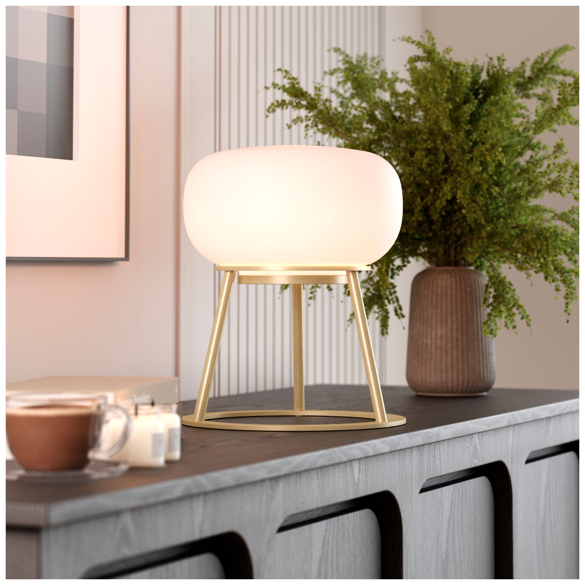 Image 3 Kibun Cordless Table Lamp Tripod Brushed Brass Oval Glass more views