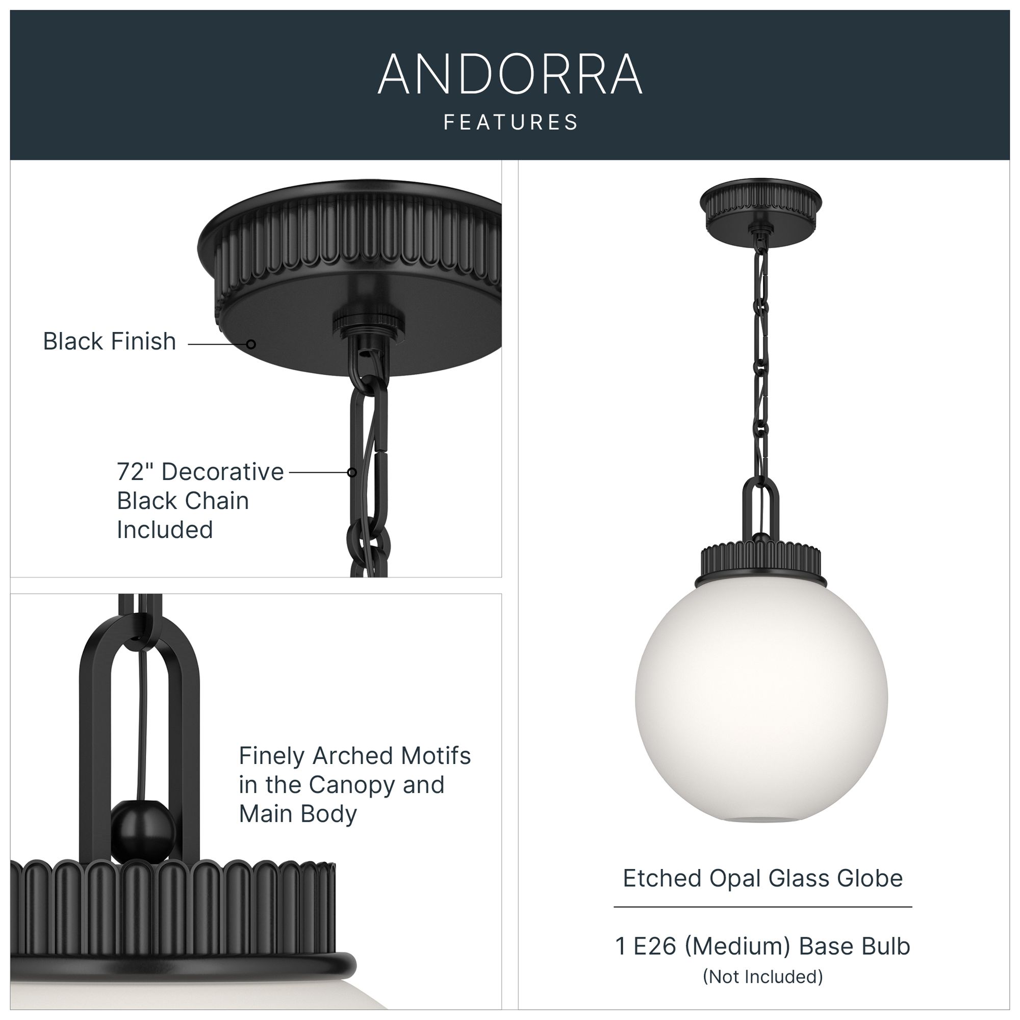 Image 3 Kichler Andorra 11" 1 Light Pendant in Black more views