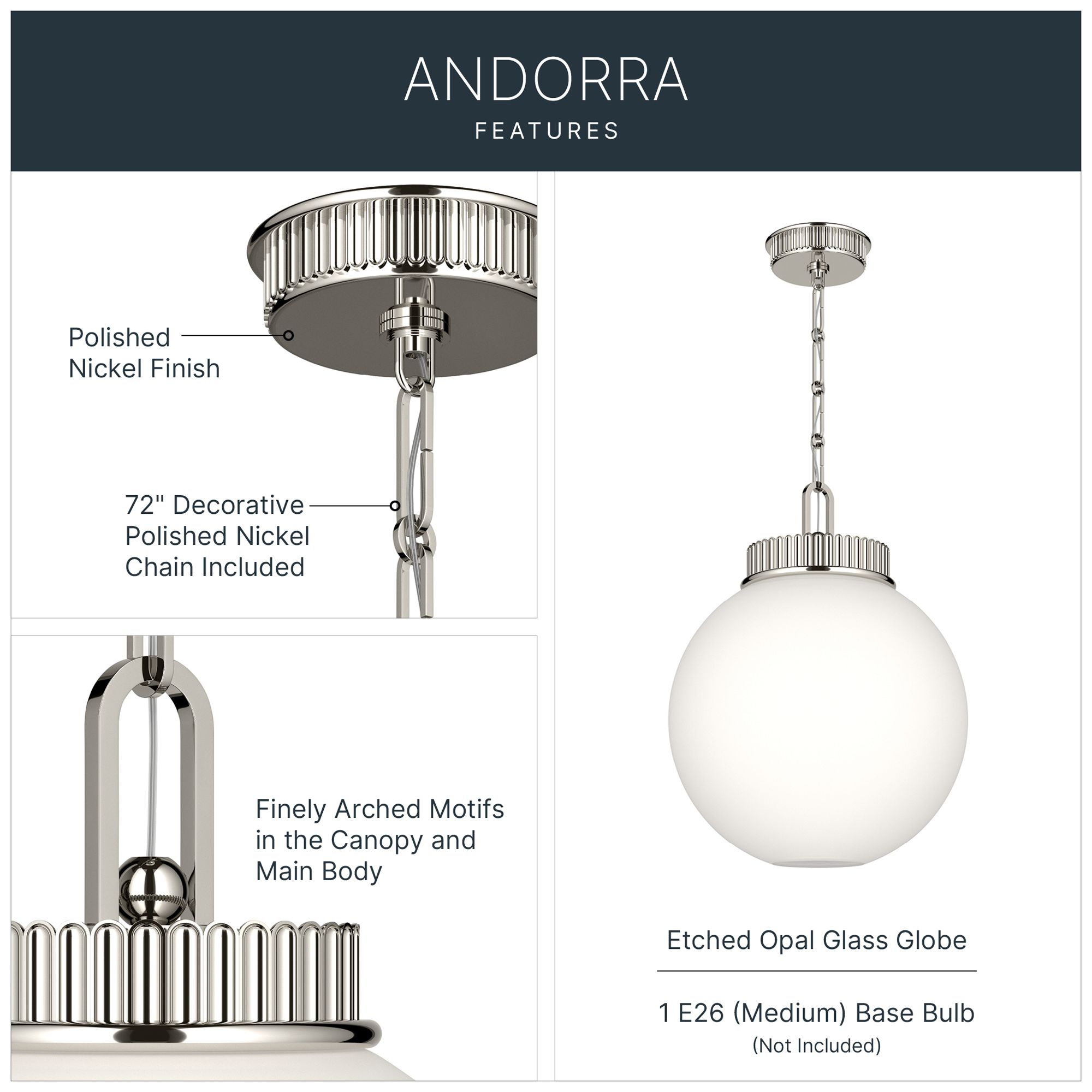 Image 3 Kichler Andorra 15" 1 Light Pendant in Polished Nickel more views