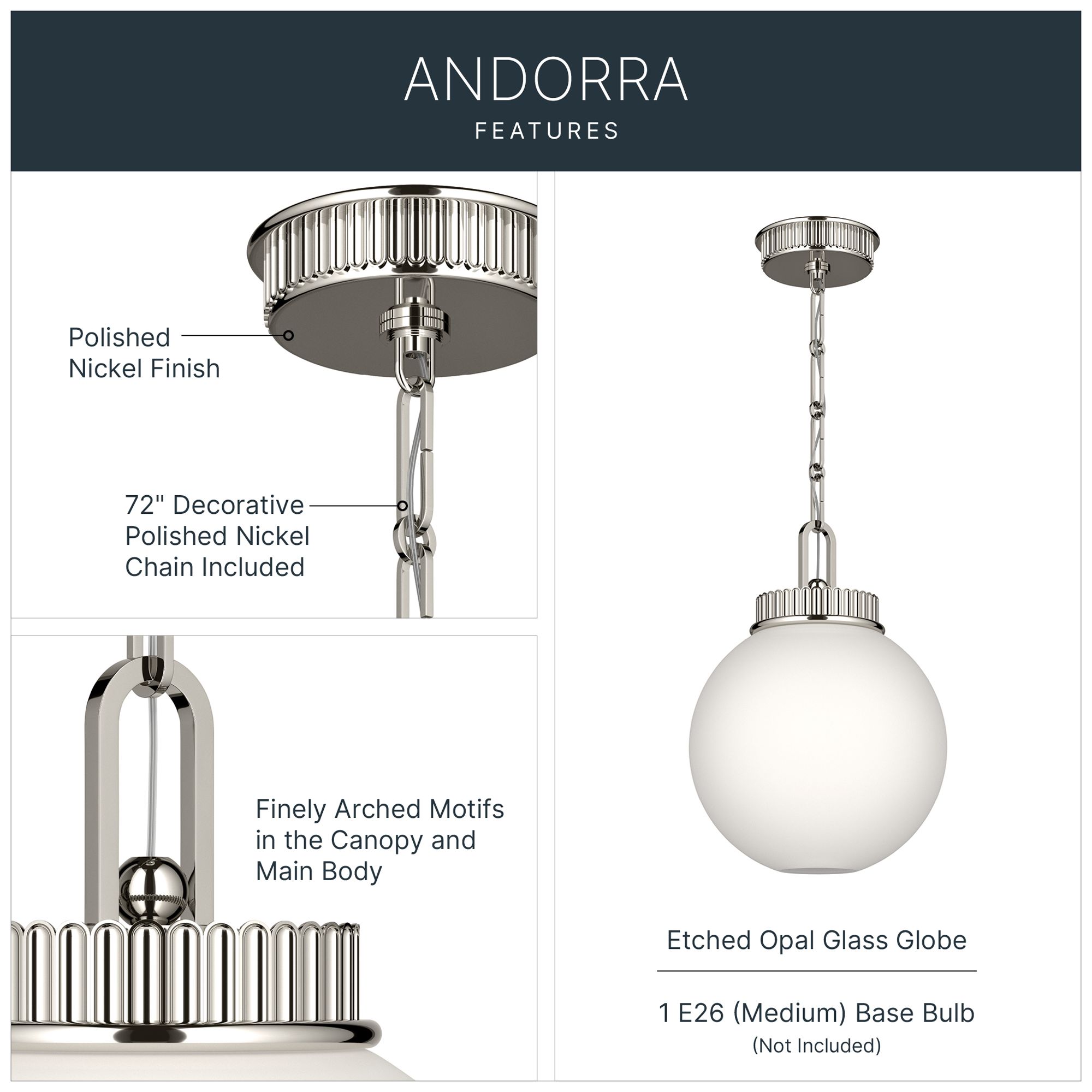Kichler Andorra 15" 1 Light Pendant in Polished Nickel