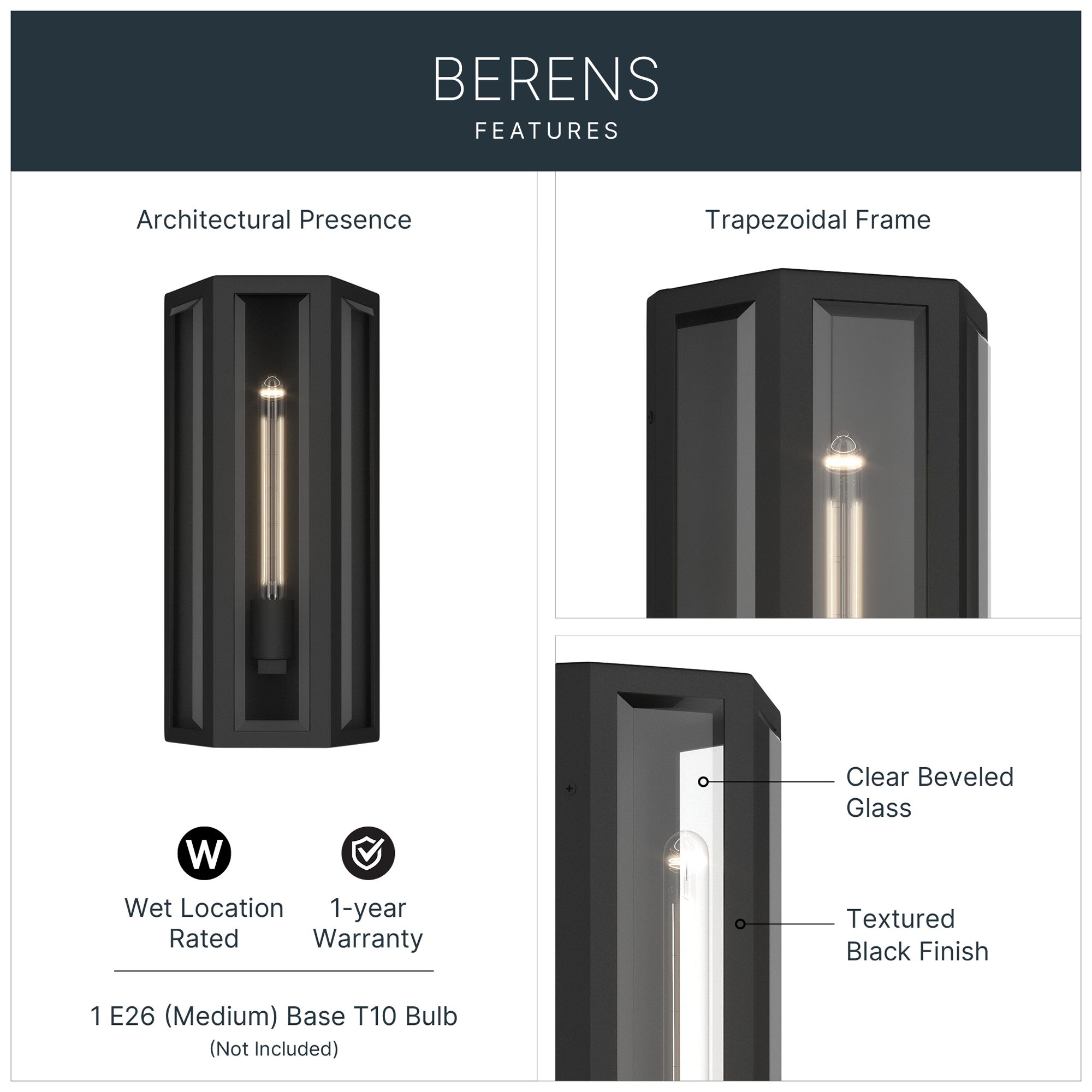 Image 3 Kichler Berens 16" 1-Light Outdoor Wall Light Clear Glass Textured Black more views