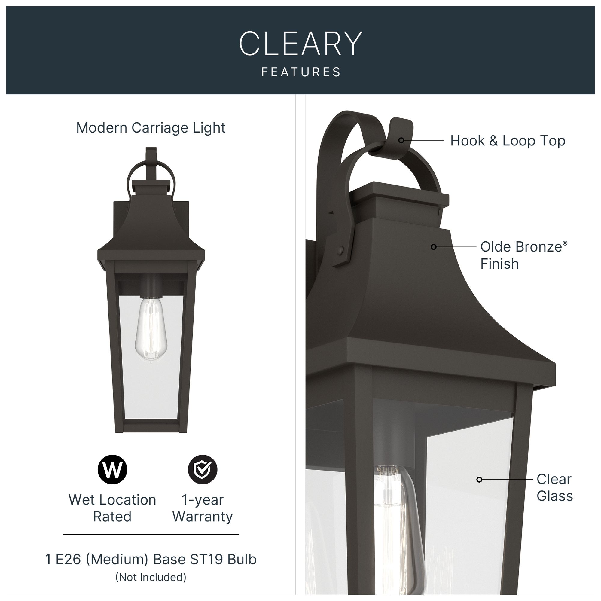 Kichler Cleary 20" 1-Light Outdoor Wall Light Clear Glass Olde Bronze