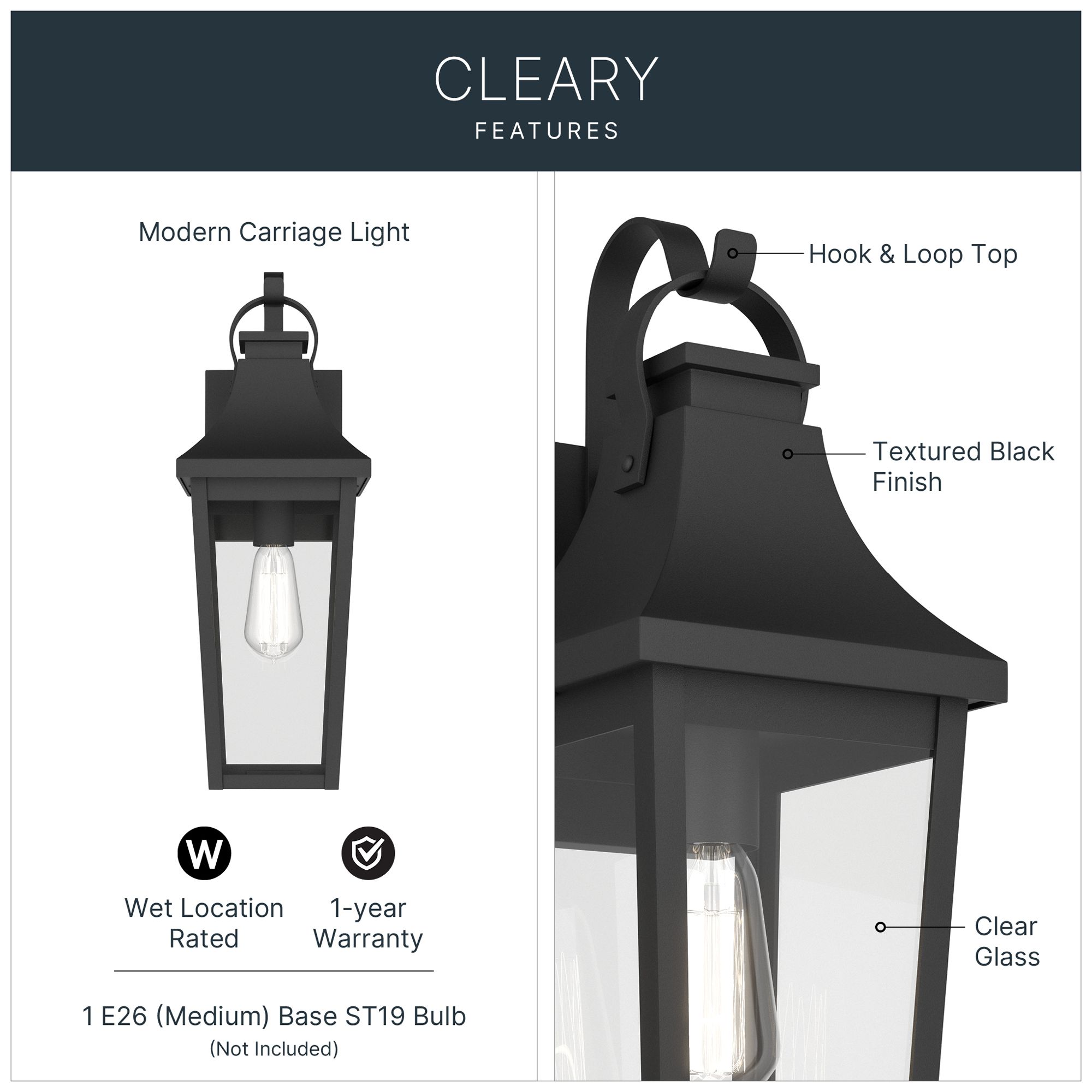 Image 3 Kichler Cleary 20" 1-Light Outdoor Wall Light Clear Glass Textured Black more views