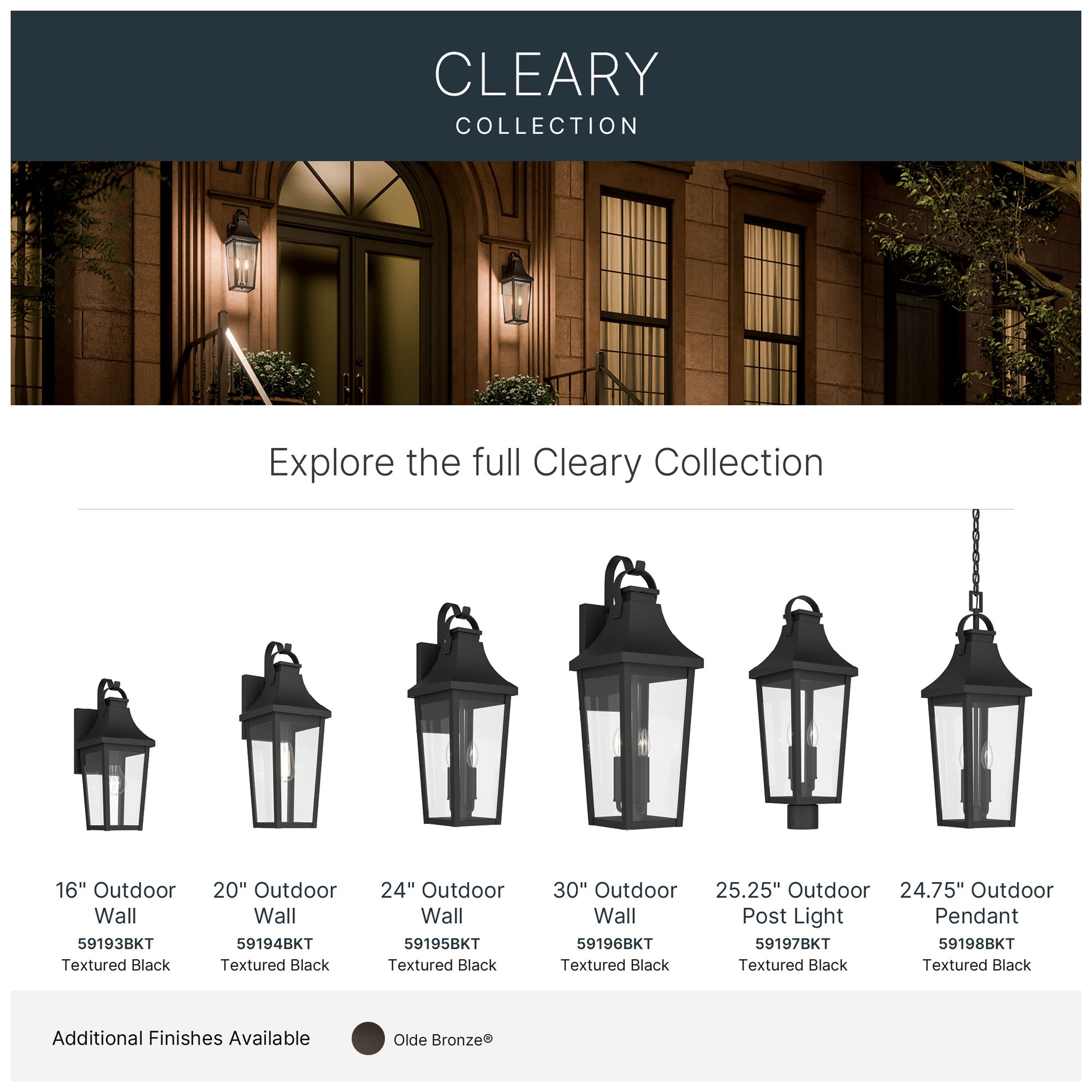 Kichler Cleary 30" 3-Light Outdoor Wall Light Clear Glass Textured Black