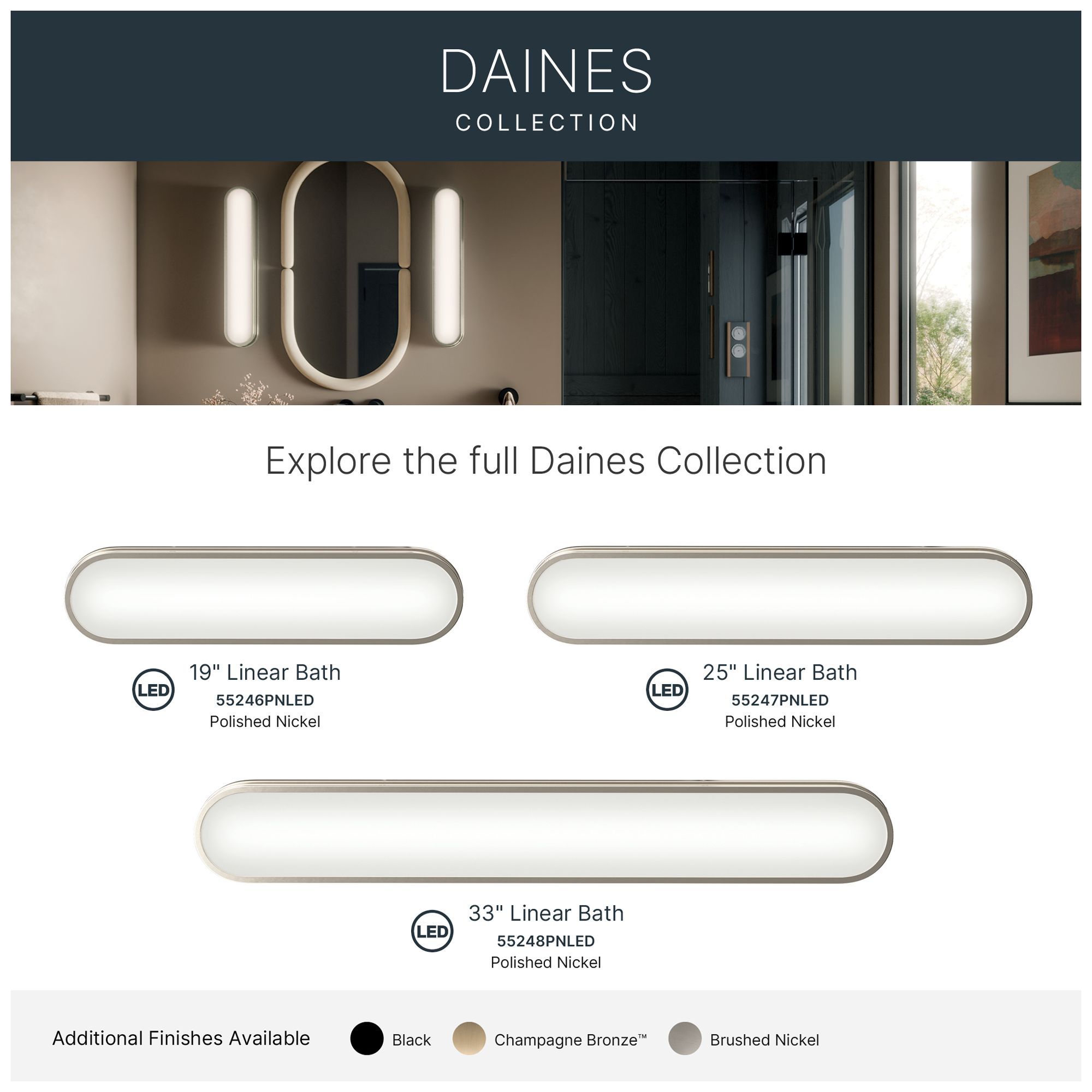 Kichler Daines 24.75" LED Bath Bar with White Glass in Polished Nickel