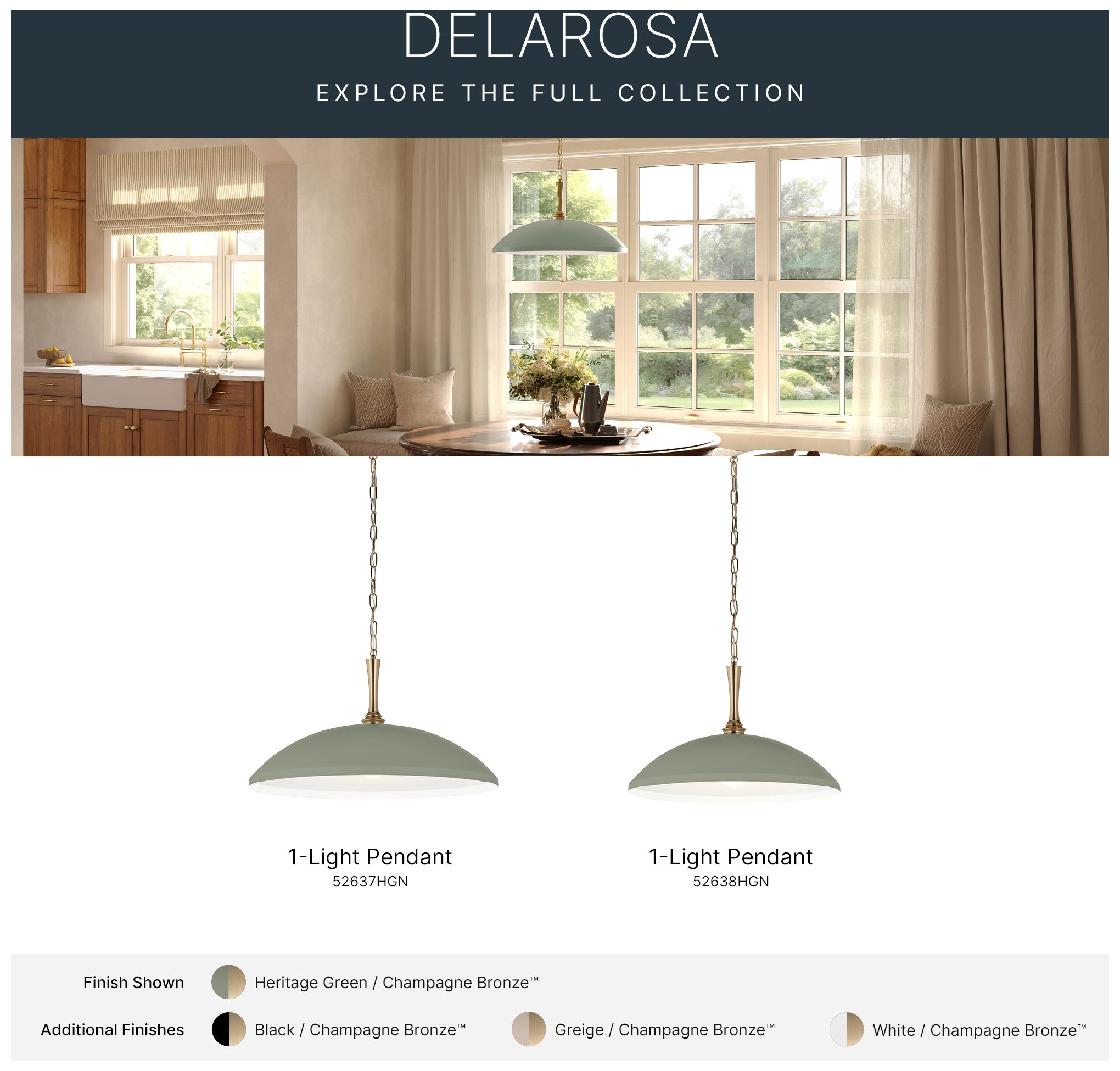 Kichler Delarosa 24.25" 1-Light Heritage Green and Champagne Bronze Pendant