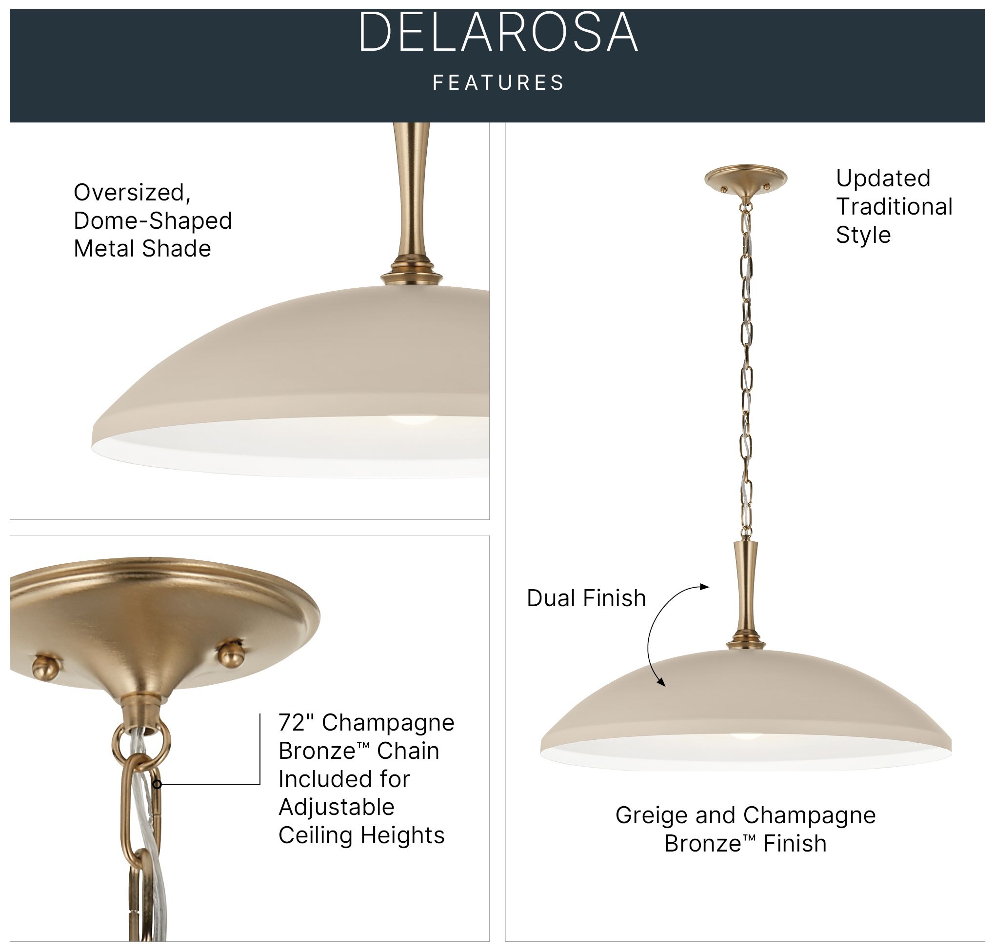 Image 3 Kichler Delarosa 24.25" 1-Light Pendant in Greige and Champagne Bronze more views