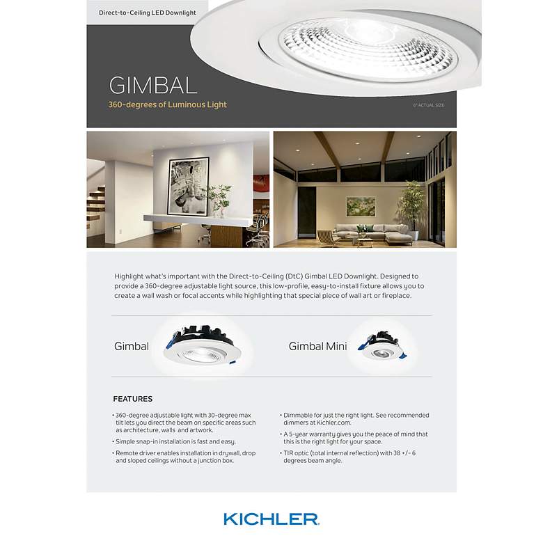 Image 2 Kichler Direct To Ceiling Gimble 6in Gimbal Downlight 3000K more views