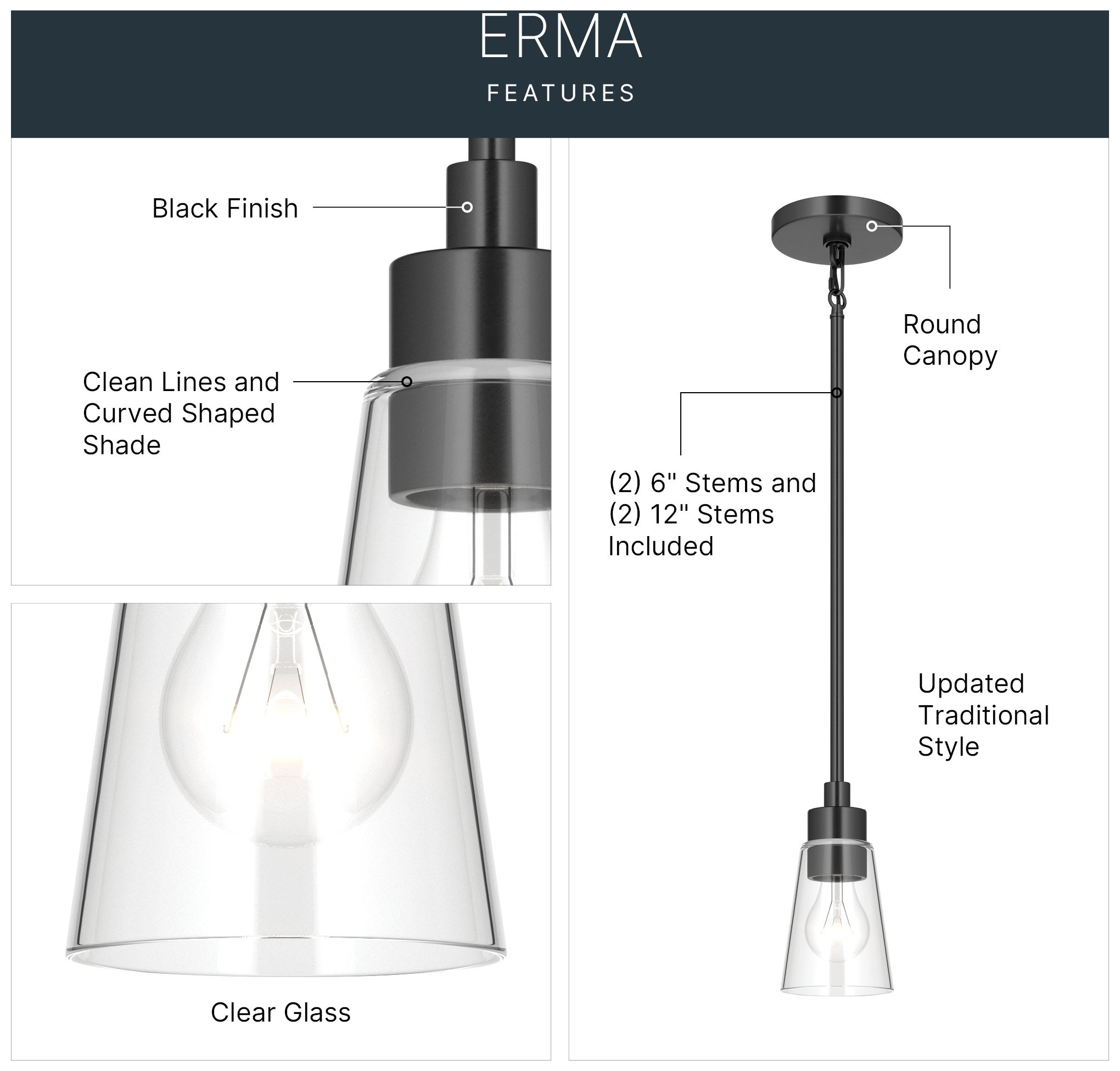 Image 3 Kichler Erma 4" 1-Light Mini Pendant with Clear Glass in Black more views